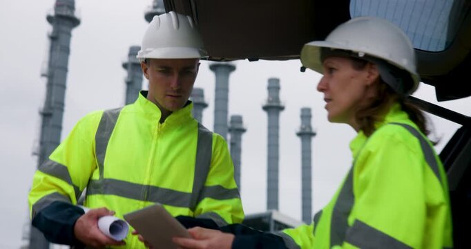 Site engineer team discussing job with blueprint and tablet  at the rear tailgate of vehicle  the trunk of the car 