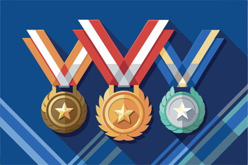 Vector illustration of golden silver and bronze medals hanging on ribbons

