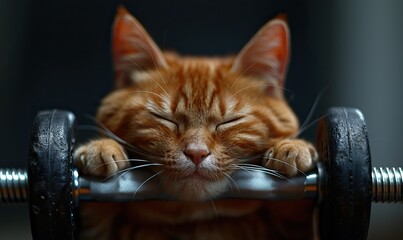 An obese orange cat lifting weights to lose weight.