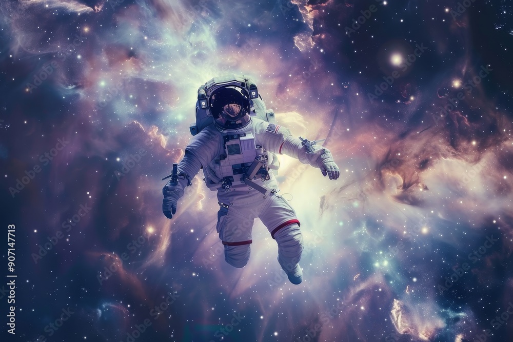 Aufkleber an astronaut floating in the space with a bright blue and purple background, surreal depiction of an