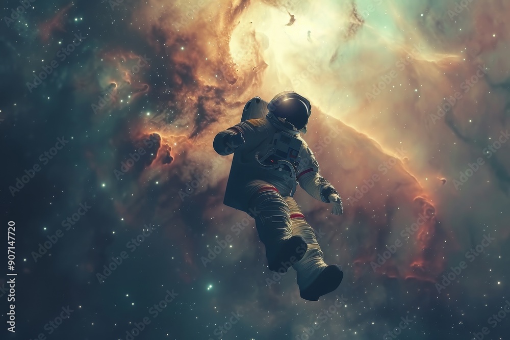 Aufkleber an astronaut floating in the space with a bright blue and purple background, surreal depiction of an