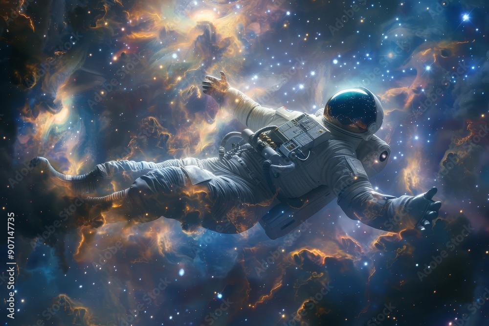 Aufkleber an astronaut floating in the space with a bright blue and purple background, surreal depiction of an