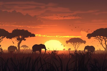 Fototapeta na wymiar a painting of elephants in a field at sunset, sunset scene over an African savanna with silhouettes of elephants and acacia trees