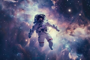 Fototapeta premium an astronaut floating in the space with a bright blue and purple background, surreal depiction of an astronaut floating serenely amidst a star-cluttered nebula