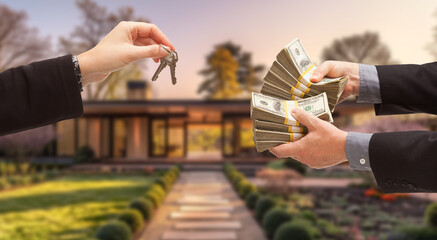 Real Estate Agent Handing Over House Keys for Stacks of Money in Front of New House.