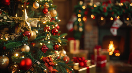 Beautifully Decorated Christmas Tree with Lights, Ornaments, Ribbons, and a Golden Star, Set Against a Cozy Home Environment with a Fireplace and Christmas Presents