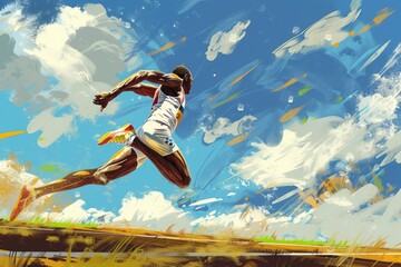 a man running on a track with a ball in his hand, track and field athlete launching themselves into the air for a long jump