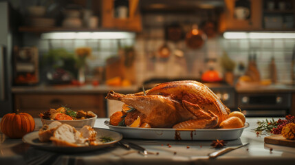 Beautifully Set Thanksgiving Dinner Table: Roasted Turkey, Mashed Potatoes, Cranberry Sauce, Pumpkin Pie, and Traditional Dishes with Autumn Decor and Warm Home Ambiance