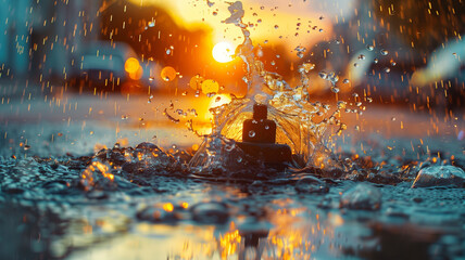 Heavy water from a fire hydrant at sunset in an urban area