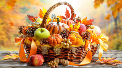 Thanksgiving Gift Basket: Filled with Pumpkins, Apples, Nuts, and Autumn Leaves, Decorated with Orange and Yellow Ribbons in a Warm Autumn Scene