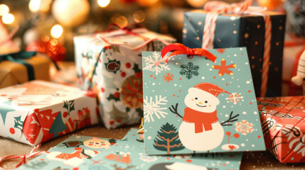 Pile of Christmas-Themed Gift Tags with Illustrations and Greetings, Set Against a Cozy Home Environment Decorated with Christmas Decorations