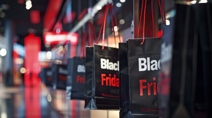 Row of Black Friday-Themed Shopping Bags with Red and White 'Black Friday' Text in a Modern Shopping Environment