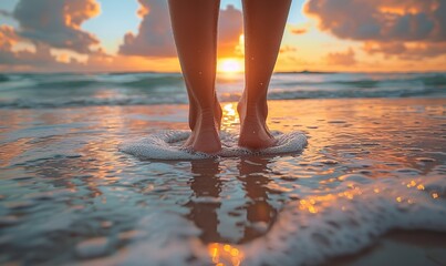 A low-angle view of a girl's feet walking on a beach at sunset.