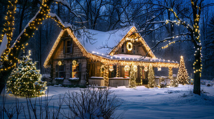 Outdoor Christmas Lights with Roof and Trees Adorned with Twinkling Lights, Creating a Festive Atmosphere Against a Nighttime Winter Scene