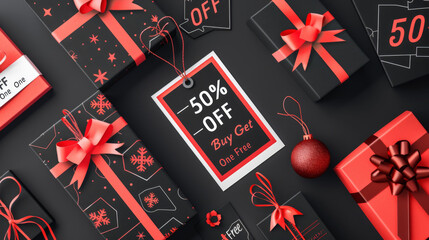 Modern Black Friday Sale Tags with Bold Discount Information: '50% OFF' and 'Buy One Get One Free', Surrounded by Gift Boxes and Shopping Bags on a Black Background