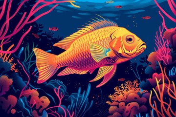 vibrant illustration of a tropical fish swimming through a coral reef