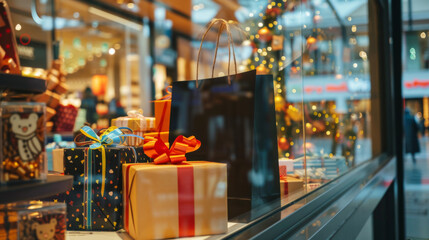 Store Window Display for Black Friday: Featuring Discount Signs, Shopping Bags, and Gift Boxes with a View of the Store Interior and Shopping Mall Outside