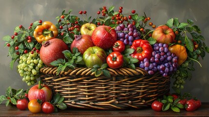 Basket of Fruit and Vegetables Realistic Illustration
