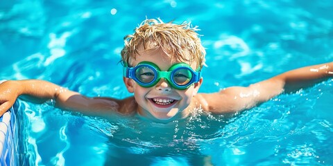 Naklejka premium Young Boy with Blonde Hair Enjoying a Swim in a Pool with Green and Blue Goggles