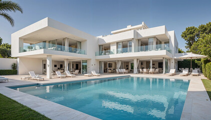 Fototapeta premium A luxurious white villa with a sparkling pool, spacious terrace, modern seating, and a seamless garage, offering a serene and harmonious atmosphere. 