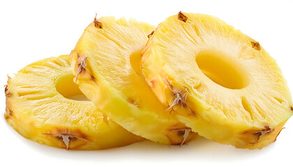 Falling pineapple ring slices isolated on white background