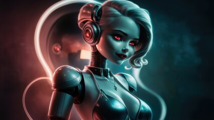 A female robot with red eyes and glowing lights, AI