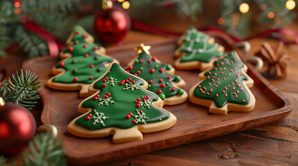 Deliciously decorated Christmas tree cookies with green icing and red sprinkles on a wooden tray,...