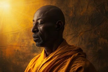 A tranquil monk meditates, enveloped in warm sunlight, exuding peace