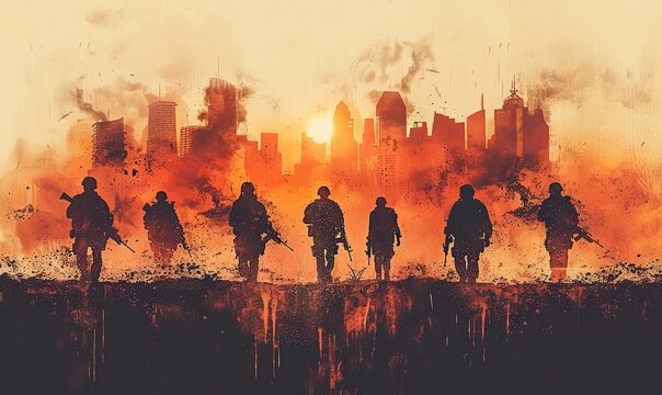 Silhouettes of men in camouflage, armed with automatic rifles, represent a commandos or paramilitary concept.