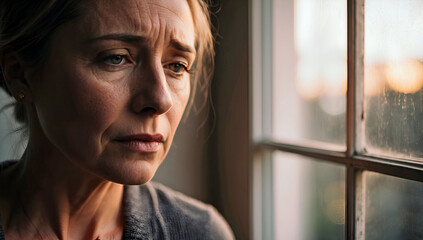 Close Up Mature Woman Worried Depressed Sad Broken Standing Next to Window