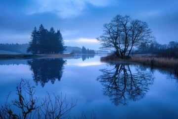 Twilight serenity by the lake with tree reflections and a fresh breeze