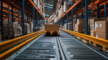 Obraz premium A cardboard box is on a conveyor belt in a warehouse
