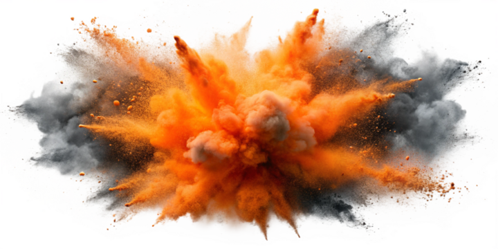 Generative ai. An explosion of vibrant orange and fiery hues, abstract energy burst, swirling colors merging with smoky textures and clouds, dynamic brushstrokes creating a sense of explosive motion