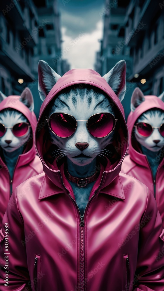 Wall mural A group of three cats wearing pink jackets and sunglasses, AI