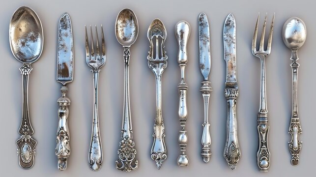 Vintage Silverware Set, 3D Illustration of Ornate Spoons, Forks, and Knives with Intricate Detail