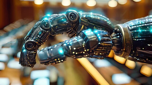 Modern high-tech medical cybernetic bionic hand prostheses, artificial substitutes for damaged or missing upper limbs
