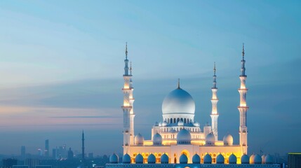 Fototapeta premium Neon-lit urban setting highlighting a mosque's exquisite details, with glowing minarets and colorful mosaics against a modern skyline