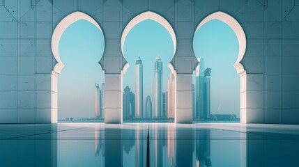 Neon-lit urban skyline mirrored in the intricate arches and domes of a mosque, showcasing a unique juxtaposition of styles