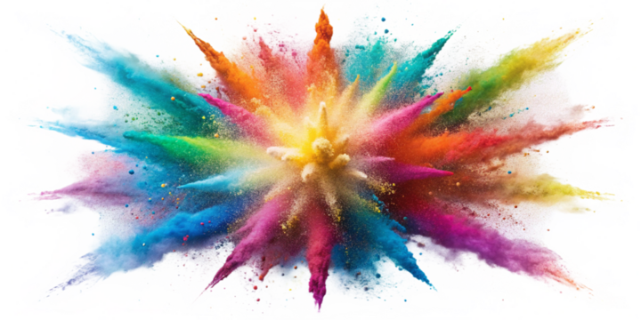 Generative ai. Abstract fractal explosion, vibrant colorful powder particles bursting, cosmic energy burst, multicolored shockwave, powder splash, splattered powder, vivid color palette, digital art
