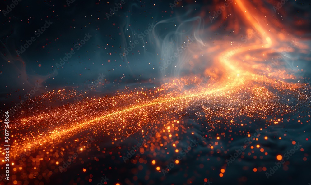Wall mural an abstract image of glowing orange light streaks and particles moves through dark space, creating a