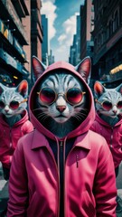 A group of three cats wearing hoodies and sunglasses are walking down a street, AI