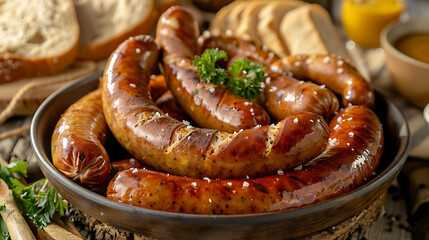 Fototapeta premium a bowl filled with two types of cooked sausages, one smooth and the other scored, arranged in a circular pattern. Alongside the sausages are pretzels with a glossy, browned crust and sprinkled salt