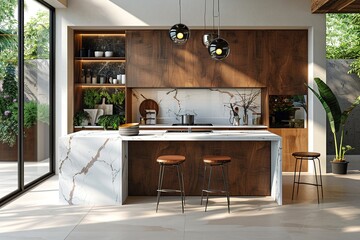Modern kitchen interior with island and marble