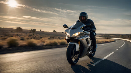 Fototapeta premium biker on a motorcycle on road with beautiful sky view 