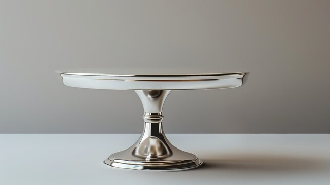 High-resolution polished silver cake stand, sleek and stylish, isolated on a plain background with ample space for advertising text or logos
