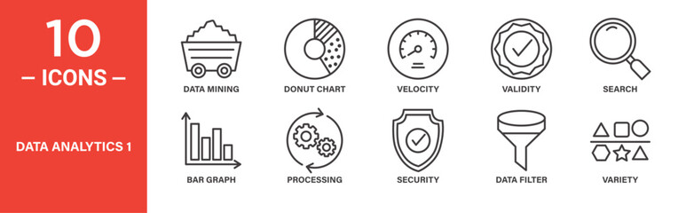 Data analytics, icon set. Data mining, donut chart, velocity, validity, search, icons. Outlined icon collection. Vector illustration.