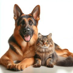 Perro y gato sentados mirando a cámara aislados sobre fondo blanco	