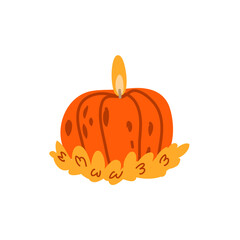 Pumpkin shape scented candle illustration with a burning candle on top on white background. Cozy autumn aromatic candle .Hand drawn Halloween candlelight. 