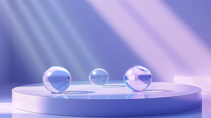 Round podium with crystal bubbles on purple background