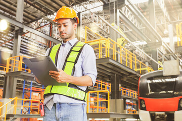 Handsome asian worker engineer stands diligently recording data clipboard in front electric locomotive at a modern maintenance station checking safety systems before using the transport service.